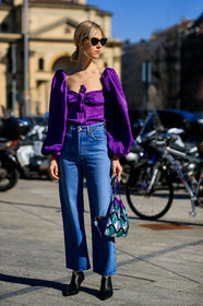 black shoes, blue denim, denim pants, glitter, graphic bag, jeans, leather bag, leather shoes, linda tol, printed bag, purple shirt, sequined bag, shiny bag, silver bag, sunglasses, trousers, MILAN, MFW, fashion week, frenchystyle, FW, jonathan paciullo, street style, AUTUMN WINTER 2019-2020, AW 19-20, FALL WINTER 2019-2020, FW 19-20, vertical, full length