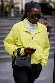 bag, black bag, black pants, black sunglasses, givenchy, jacket, leather bag, nylon jacket, pants, sunglasses, yellow jacket, fashion week, frenchystyle, FW, jonathan paciullo, street style, PFW, PARIS, SPRING SUMMER 2022, SS 22, vertical, atmosphere details
