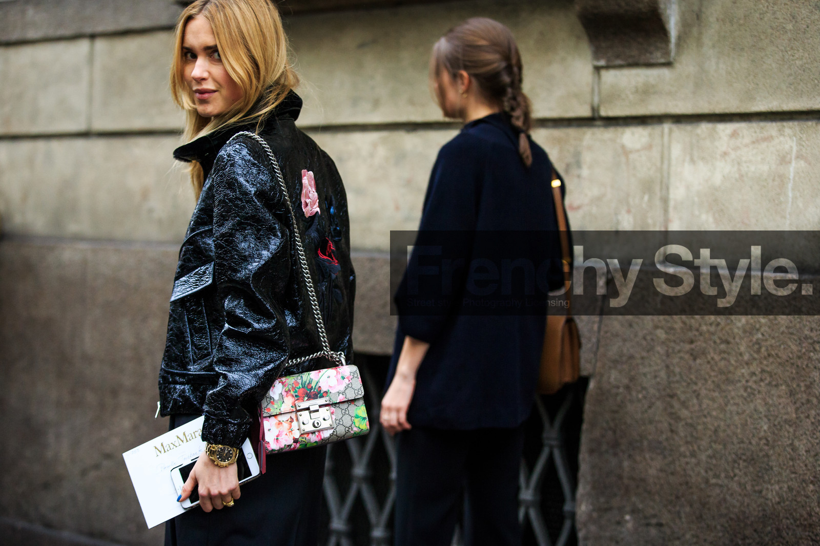 atmosphere details, AUTUMN WINTER 2016-2017, AW 16-17, back detail, black jacket, black pants, black perfecto, detail, embroidered jacket, embroideries, FALL WINTER 2016-2017, fashion week, floral, flower, frenchystyle, FW, FW 16-17, gucci, horizontal, jonathan paciullo, leather bag, leather jacket, leather perfecto, LFW, LONDON, MENSWEAR, pernille teisbaek, printed bag, street style, trousers, varnished leather, wide pants