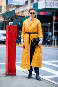 black bag, black belt, black boots, black shoes, graphic jacket, high heels, leather bag, leather shoes, orange coat, printed jacket, sunglasses, trousers, street style, jonathan paciullo, FW, frenchystyle, fashion week, NYFW, NEW YORK, AUTUMN WINTER 2018-2019, AW 18-19, FALL WINTER 2018-2019, FW 18-19, vertical, full length