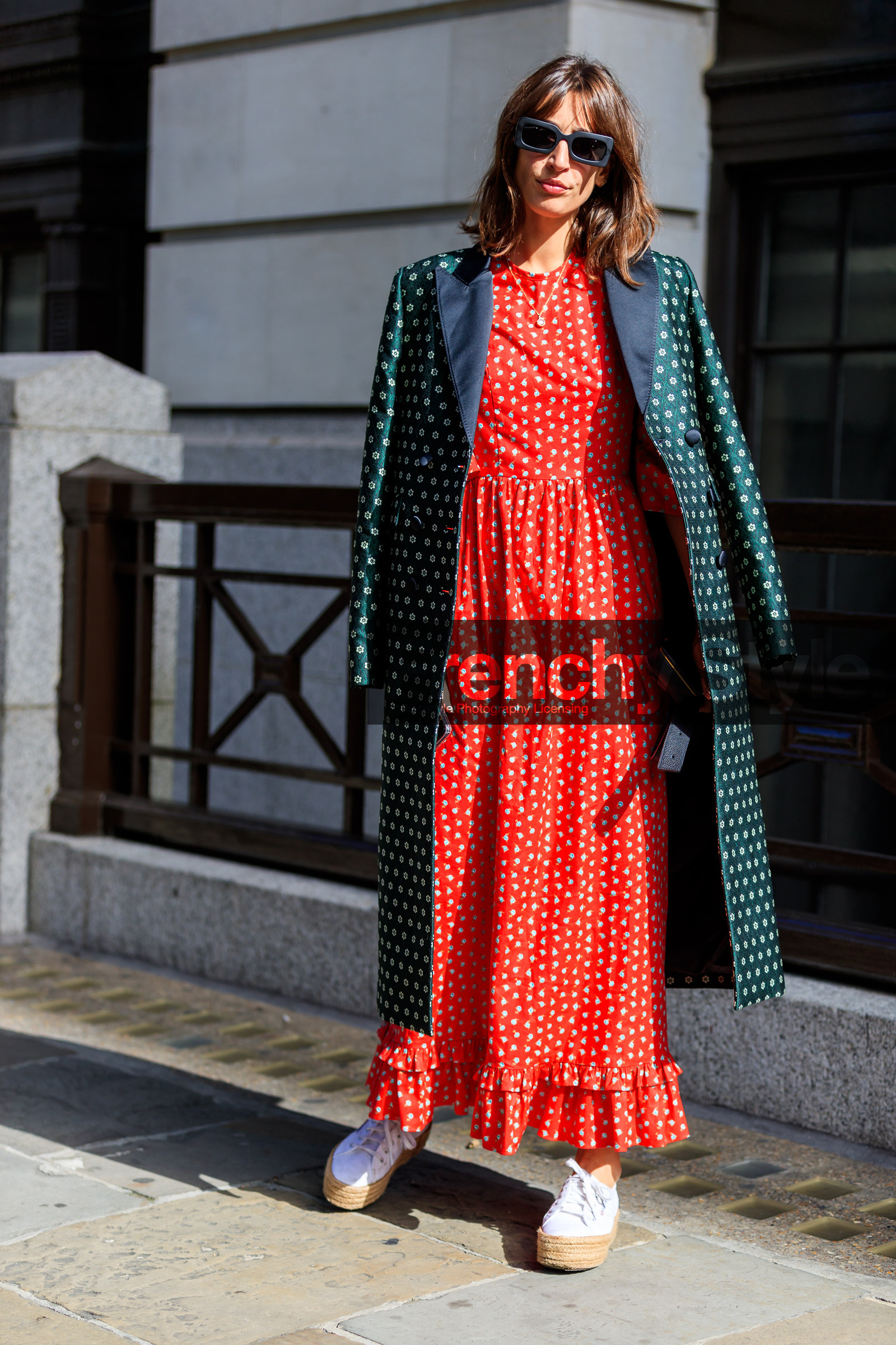 floral, flowers, graphic dress, graphic jacket, green coat, leather shoes, long dress, printed dress, printed jacket, red dress, sunglasses, superga, white shoes, fashion week, frenchystyle, FW, jonathan paciullo, street style, LFW, LONDON, SPRING SUMMER 2019, SS 19, vertical, full length