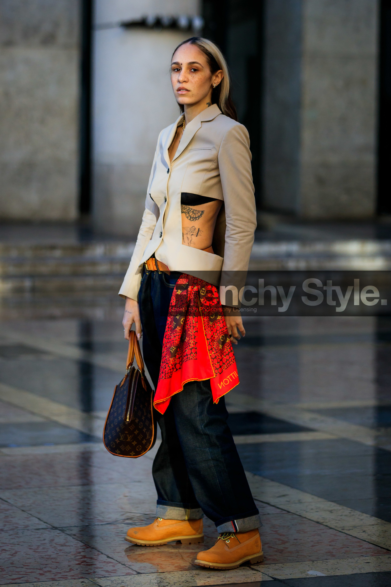 hera pradel, timberland shoes, camel suede boots, laced boots, flat boots, hiking boots, blue jeans, boyfriend jeans, brown leather bag, hand bag, monogrammed bag, louis vuitton bag, light beige jacket, openwork jacket, red scarf, printed scarf, louis vuitton scarf, tatoo, monogrammed scarf, denim, fashion week, frenchystyle, FW, jonathan paciullo, street style, PFW, PARIS, vertical, full length