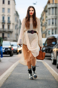 black and white shoes, brown bag, brown belt, high heels, knit dress, leather bag, leather belt, leather shoes, red lips, sheer dress, silk dress, white dress, fashion week, frenchystyle, FW, jonathan paciullo, street style, MFW, MILAN, AUTUMN WINTER 2018-2019, FALL WINTER 2018-2019, FW 18-19, vertical, full length, doina ciobanu