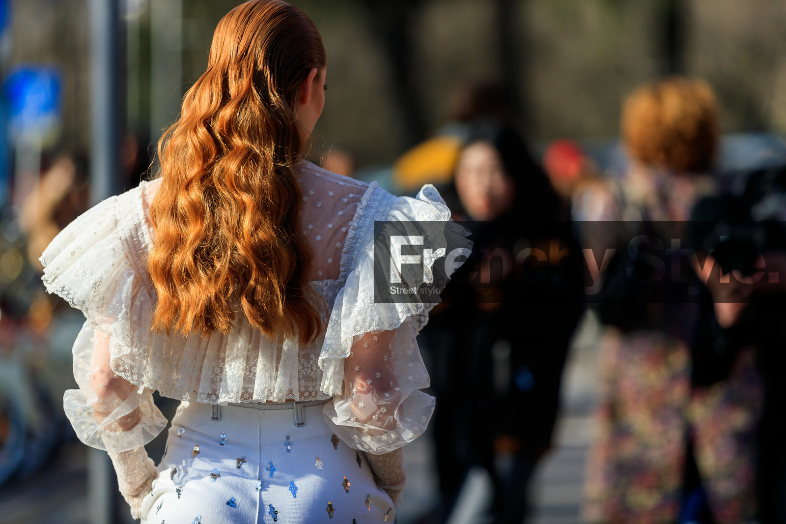 crop top, denim pants, embroidered jeans, glitter, graphic pants, jeans, lace top, printed pants, pulled back hair, ruffles, satin stitch, see through, sequined pants, trousers, white denim, white top, MILAN, MFW, fashion week, frenchystyle, FW, jonathan paciullo, street style, AUTUMN WINTER 2019-2020, AW 19-20, FALL WINTER 2019-2020, FW 19-20, atmosphere details, detail, horizontal