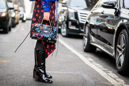 balenciaga, black bag, black shoes, black skirt, blue jacket, floral, flowers, graffiti, graphic bag, graphic skirt, high boots, high heels, leather bag, leather shoes, multicolor bag, printed bag, printed skirt, red skirt, street style, jonathan paciullo, FW, frenchystyle, fashion week, NYFW, NEW YORK, AUTUMN WINTER 2018-2019, AW 18-19, FALL WINTER 2018-2019, FW 18-19, atmosphere details, horizontal, detail, Annabel Rosendahl