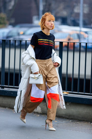 AUTUMN WINTER 2017-2018, AW 17-18, beige pants, beige shoes, black t shirt, camel pants, christian louboutin, down jacket, FALL WINTER 2017-2018, fashion week, frenchystyle, full length, FW, FW 17-18, graphic pants, high heels, jonathan paciullo, leather bag, leather shoes, MFW, MILAN, off the shoulder, printed pants, printed t shirt, street style, trousers, vertical, white bag, white coat