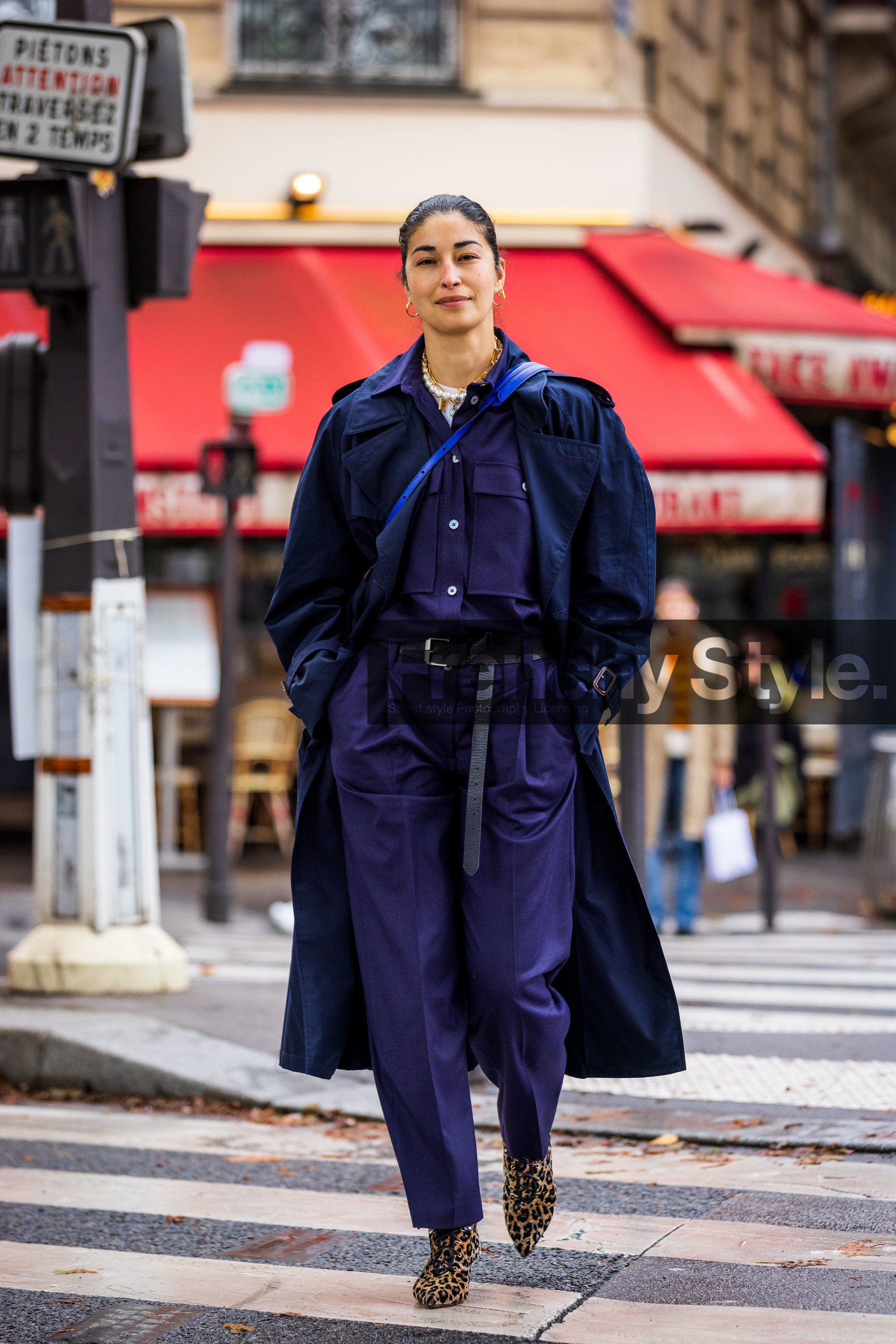 animal print, belt, black belt, blue jumpsuit, boots, Caroline issa, jumpsuit, leaopard boots, leather belt, navy jumpsuit, navy trenchcoat, necklaces, trenchcoat, fashion week, frenchystyle, FW, jonathan paciullo, street style, PFW, PARIS, SPRING SUMMER 2022, SS 22, vertical, full length