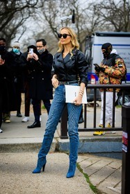 blond hair, black sunglasses, black jacket, leather jacket, classic jeans, mini bag, chanel bag, logo bag, golden watch, bracelet watch, chanel invitation, denim boots, chanel betl, logo belt, black belt, fashion week, frenchystyle, FW, jonathan paciullo, street style, PARIS, PFW, SPRING SUMMER 2022, SS 22, full length, vertical