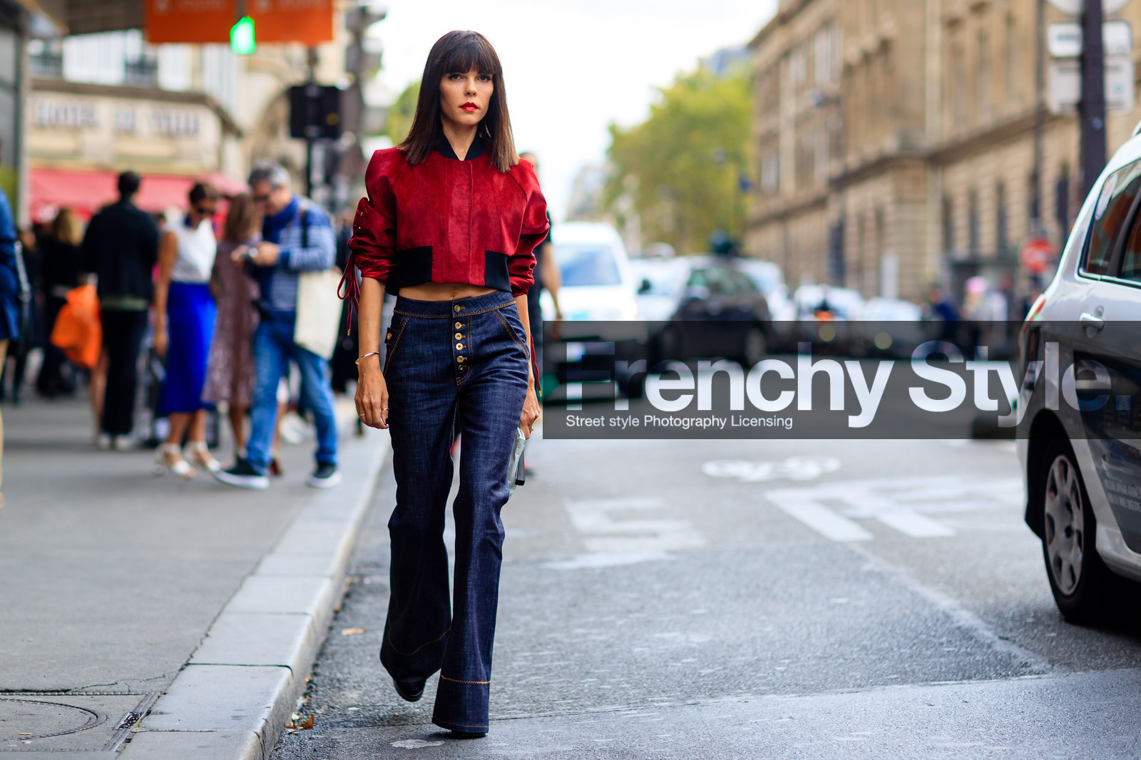 atmosphere details, blue denim, denim pants, Evangelie Smyrniotaki, fashion week, flare jean, frenchystyle, full length, FW, high waist, horizontal, jeans, jonathan paciullo, leather bag, PARIS, PFW, red jacket, SPRING SUMMER 2017, SS 17, street style, trousers, white bag