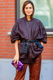black bag, brown jacket, fanny pack, fendi, gala gonzalez, glitter, graphic bag, leather bag, leather jacket, printed bag, purple bag, red pants, sequined bag, shiny bag, trousers, MILAN, MFW, fashion week, frenchystyle, FW, jonathan paciullo, street style, AUTUMN WINTER 2019-2020, AW 19-20, FALL WINTER 2019-2020, FW 19-20, vertical, atmosphere details, detail
