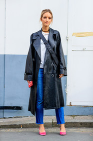 AUTUMN WINTER 2017-2018, AW 17-18, black coat, black jacket, blue denim, Charlotte Groeneveld, denim pants, FALL WINTER 2017-2018, fashion week, frenchystyle, full length, FW, FW 17-18, high heels, jeans, jonathan paciullo, leather coat, leather shoes, PARIS, PFW, pink shoes, street style, trousers, vertical, white t shirt