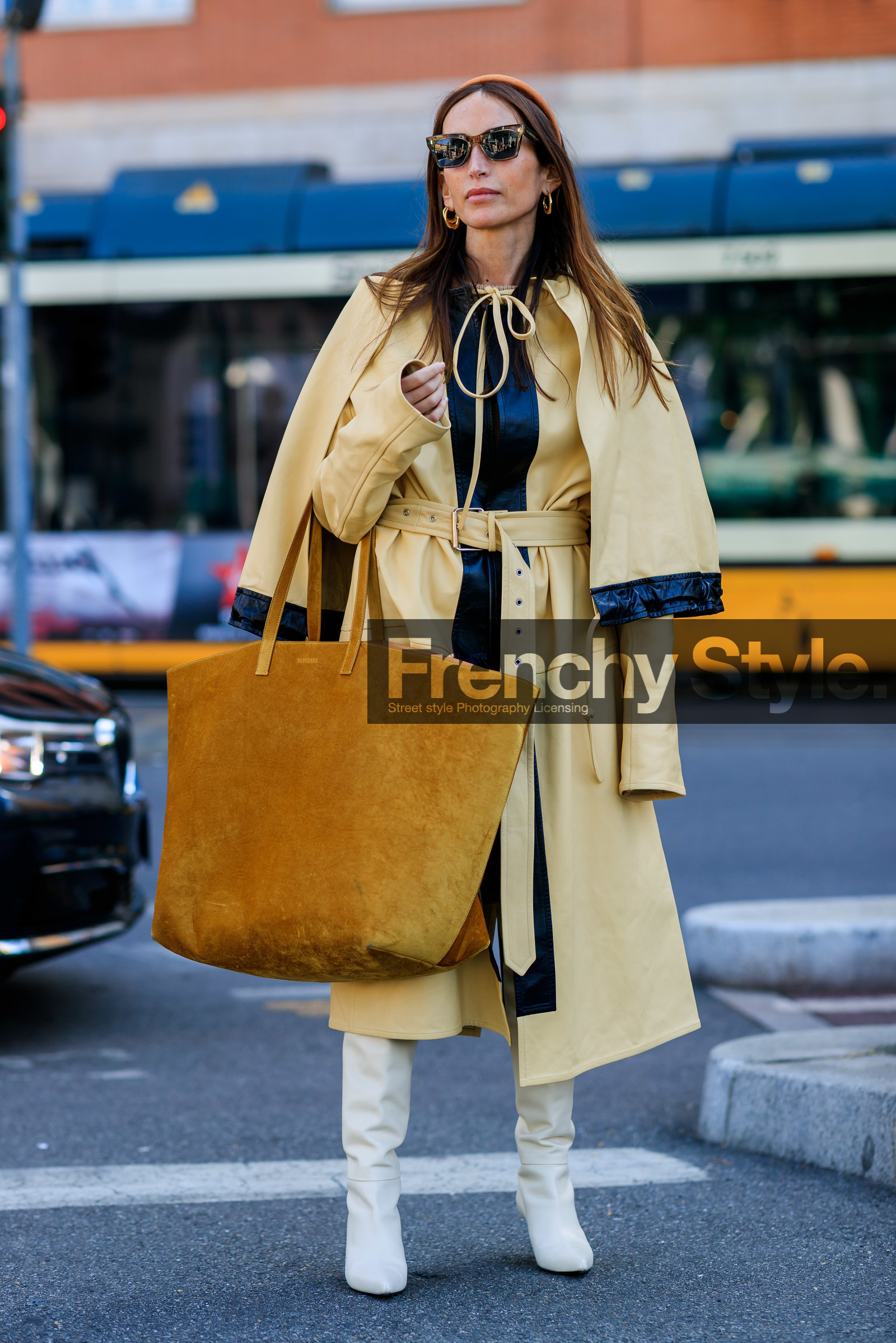 beige coat, camel bag, cape, chloe loulou de saison, earrings, headband, high boots, high heels, leather bag, leather coat, leather shoes, suede bag, sunglasses, trench coat, white shoes, MILAN, MFW, fashion week, frenchystyle, FW, jonathan paciullo, street style, AUTUMN WINTER 2019-2020, AW 19-20, FALL WINTER 2019-2020, FW 19-20, vertical, full length