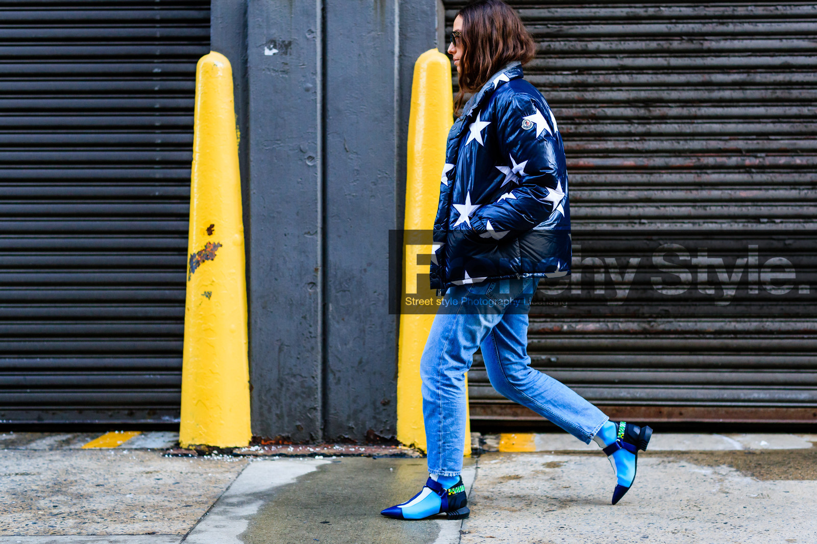atmosphere details, AUTUMN WINTER 2017-2018, AW 17-18, blue denim, blue jacket, denim pants, FALL WINTER 2017-2018, fashion week, frenchystyle, full length, FW, FW 17-18, graphic shoes, grey sweater, horizontal, jeans, jonathan paciullo, leather shoes, louis vuitton, moncler, NEW YORK, NYFW, printed jacket, stars, street style, sunglasses, trousers, turquoise