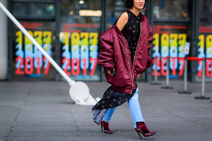 black top, blue denim, bomber jacket, bordeaux, burgundy, denim pants, high heels, jeans, leather shoes, off the shoulder, printed top, red jacket, red shoes, silk top, trousers, velvet, vêtements, fashion week, frenchystyle, FW, jonathan paciullo, street style, PFW, PARIS, SPRING SUMMER 2017, SS 17, HAUTE COUTURE, atmosphere details, detail, horizontal, Tiffany Hsu