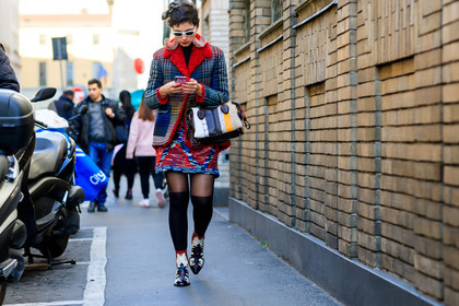 black and white shoes, blue jacket, checked, cowboy boots, earrings, eva geraldine fontanelli, fur collar, graphic bag, graphic jacket, graphic skirt, leather bag, leather shoes, multicolor bag, multicolor skirt, plaid, printed bag, printed jacket, printed skirt, red fur, red lips, sunglasses, tartan, MILAN, MFW, fashion week, frenchystyle, FW, jonathan paciullo, street style, AUTUMN WINTER 2019-2020, AW 19-20, FALL WINTER 2019-2020, FW 19-20, atmosphere details, full length, horizontal