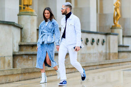 alice & j.s, atmosphere details, AUTUMN WINTER 2017-2018, AW 17-18, black sweater, blue denim, blue sneakers, denim jacket, denim pants, denim skirt, dyed hair, FALL WINTER 2017-2018, fashion week, frenchystyle, full length, FW, FW 17-18, high heels, horizontal, jeans, jonathan paciullo, leather shoes, PARIS, PFW, street style, sunglasses, trousers, vans, white boots, white denim, white jacket