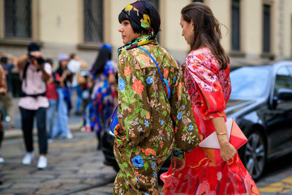 maria bernad, erika boldrin, blue leather bag, brown pants, brown shirt, camel leather shoes, crossbody bag, floral print total look, floral printed pants, floral printed scarf, floral printed shirt, loose pants, loose shirt, peter pilotto bag, platform shoes, pyjama look, silk pants, silk scarf, silk shirt, wooden heels shoes, velvet shoes, split dress, silk dress, red leather clutch, red dress, pink dress, pearl detail shoes, long sleeves dress, long dress, light beige clutch, floral printed dress, camel leather clutch, belted dress, ankle bracelet, back details, fashion week, frenchystyle, FW, jonathan paciullo, street style, MFW, MILAN, SPRING SUMMER 2020, SS 20