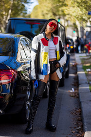 Aleali May, black boots, black short, boots, color, high boots, jacket, leather jacket, leather short, mask sunglasses, mini short, moto jacket, necklace, red sunglasses, sunglasses, top, white top, street style, jonathan paciullo, FW, frenchystyle, fashion week, PFW, PARIS, SPRING SUMMER 2022, SS 22, vertical, full length