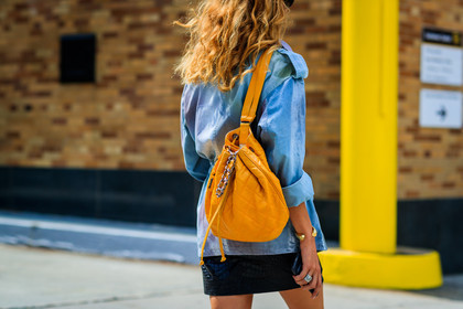 atmosphere details, back detail, black skirt, blue denim, chanel handbag, denim jacket, detail, ece sukan, fashion week, frenchystyle, FW, horizontal, jonathan paciullo, leather bag, leather skirt, NEW YORK, NYFW, orange bag, SPRING SUMMER 2018, SS 18, street style
