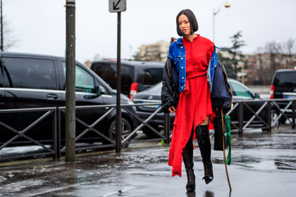 atmosphere details, AUTUMN WINTER 2017-2018, AW 17-18, balenciaga, black bag, black jacket, black shoes, blue denim, denim jacket, FALL WINTER 2017-2018, fashion week, frenchystyle, full length, FW, FW 17-18, high boots, high heels, horizontal, jonathan paciullo, leather bag, leather shoes, PARIS, PFW, red dress, red shirt, red skirt, street style, suede shoes, Tiffany Hsu