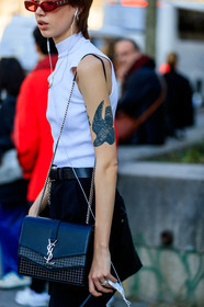 black bag, black belt, black shorts, headphones, leather bag, leather belt, saint laurent paris, sunglasses, tattoos, white tank top, PARIS, PFW, street style, jonathan paciullo, FW, frenchystyle, fashion week, AUTUMN WINTER 2019-2020, AW 19-20, FALL WINTER 2019-2020, FW 19-20, vertical, atmosphere details, detail