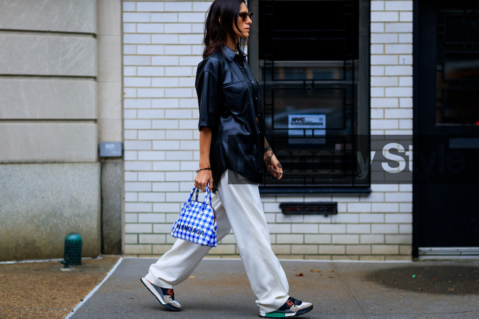 balenciaga, black shirt, blue bag, checked, gingham, graphic bag, grey sneakers, leather bag, leather shirt, leather shoes, plaid, printed bag, sunglasses, trousers, white pants, fashion week, frenchystyle, FW, jonathan paciullo, street style, NYFW, NEW YORK, SPRING SUMMER 2019, SS 19, atmosphere details, horizontal, detail