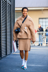 AUTUMN WINTER 2017-2018, AW 17-18, beige jacket, beige skirt, blue shoes, camera, FALL WINTER 2017-2018, fashion week, frenchystyle, full length, FW, FW 17-18, high heels, jonathan paciullo, leather shoes, MFW, MILAN, street style, tamu mcpherson, turquoise, vertical, white socks