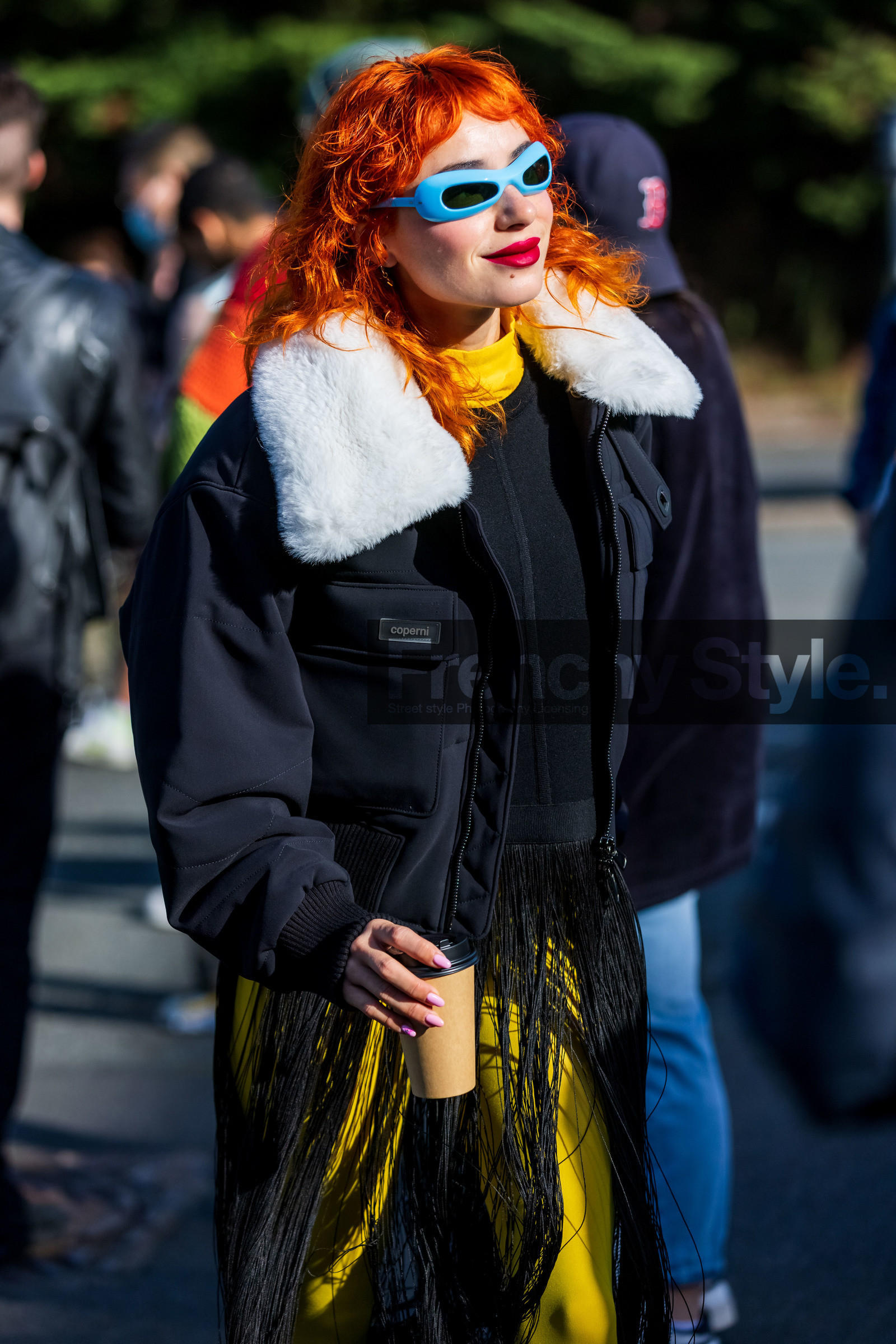 black bomber, black top, blue sunglasses, bomber, color, coperni, fringes, Miranda Mikaroff, orange hair, sunglasses, yellow dress, street style, jonathan paciullo, FW, frenchystyle, fashion week, PFW, PARIS, SPRING SUMMER 2022, SS 22, vertical, atmosphere details