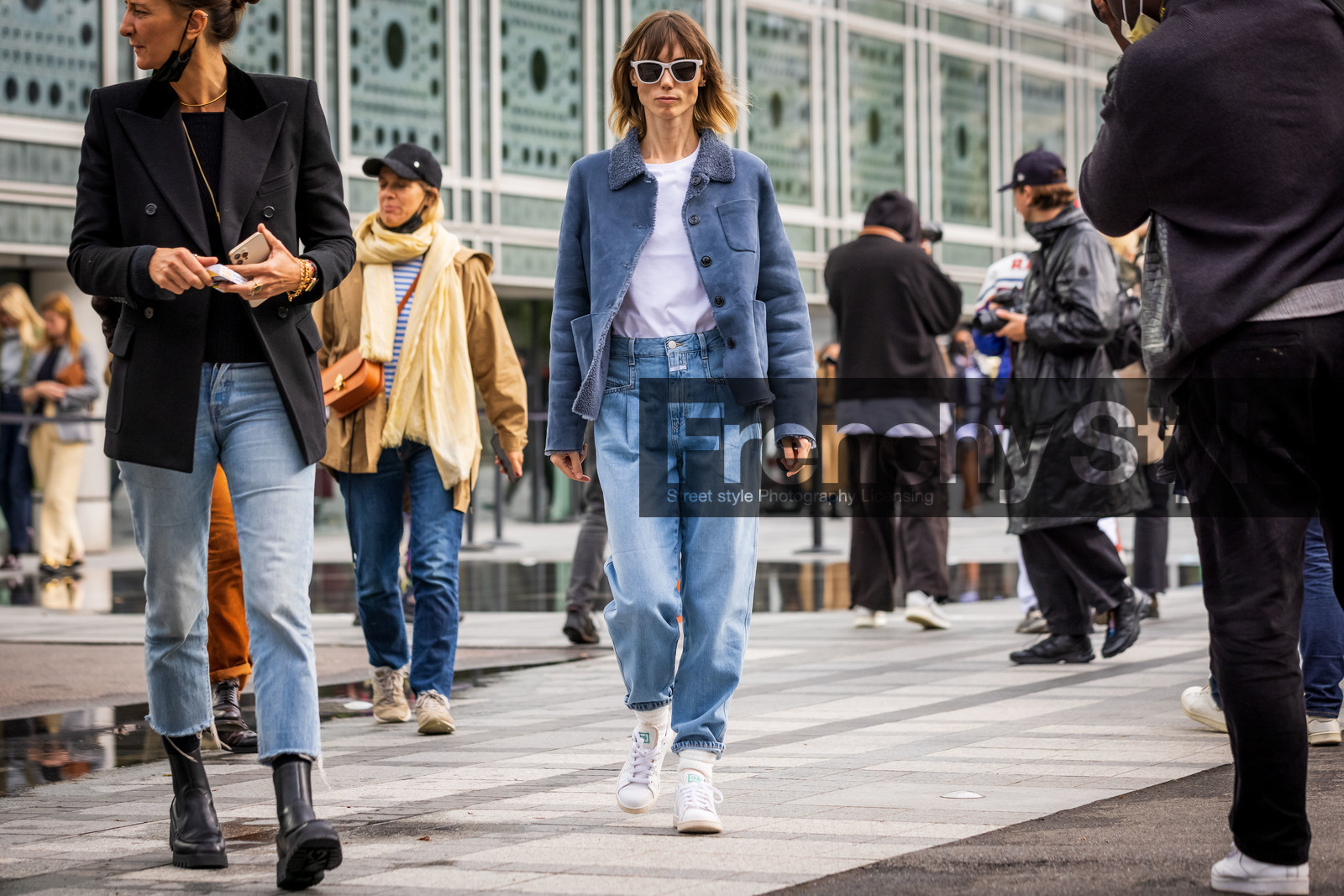 adidas, Anya Ziourova, blue denim, blue jacket, blue jean, denim, jacket, jean, sneakers, suede jacket, sunglasses, t-shirt, white sneakers, white sunglasses, white t-shirt, fashion week, frenchystyle, FW, jonathan paciullo, street style, PFW, PARIS, SPRING SUMMER 2022, SS 22, atmosphere details, full length, horizontal