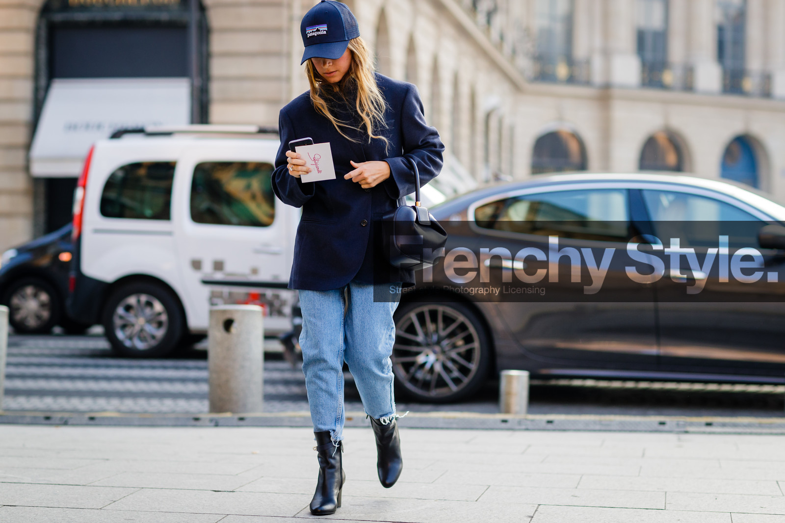 black bag, black boots, black shoes, blazer, blue denim, blue jacket, cap, denim pants, jeans, leather bag, leather shoes, navy jacket, patagonia, trousers, fashion week, frenchystyle, FW, jonathan paciullo, street style, PFW, PARIS, SPRING SUMMER 2017, SS 17, HAUTE COUTURE, atmosphere details, full length, horizontal, mira duma, miroslava duma