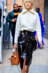 atmosphere details, black skirt, brown bag, detail, fashion week, frenchystyle, FW, jonathan paciullo, leather bag, leather skirt, linda tol, loewe, NEW YORK, NYFW, SPRING SUMMER 2018, SS 18, street style, vertical, vinyl, white sweater