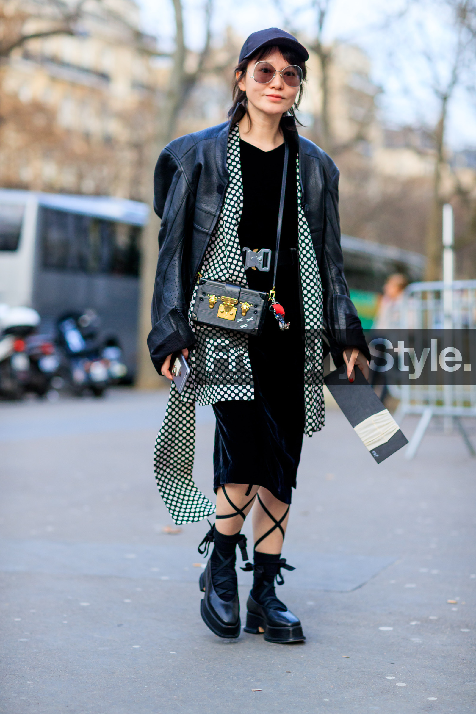 AUTUMN WINTER 2017-2018, AW 17-18, black bag, black cap, black dress, black jacket, black perfecto, black shoes, black socks, checked shirt, FALL WINTER 2017-2018, fashion week, frenchystyle, full length, FW, FW 17-18, gingham, jonathan paciullo, leather bag, leather jacket, leather perfecto, leather shoes, louis vuitton, PARIS, PFW, plaid, street style, sunglasses, velvet, vertical