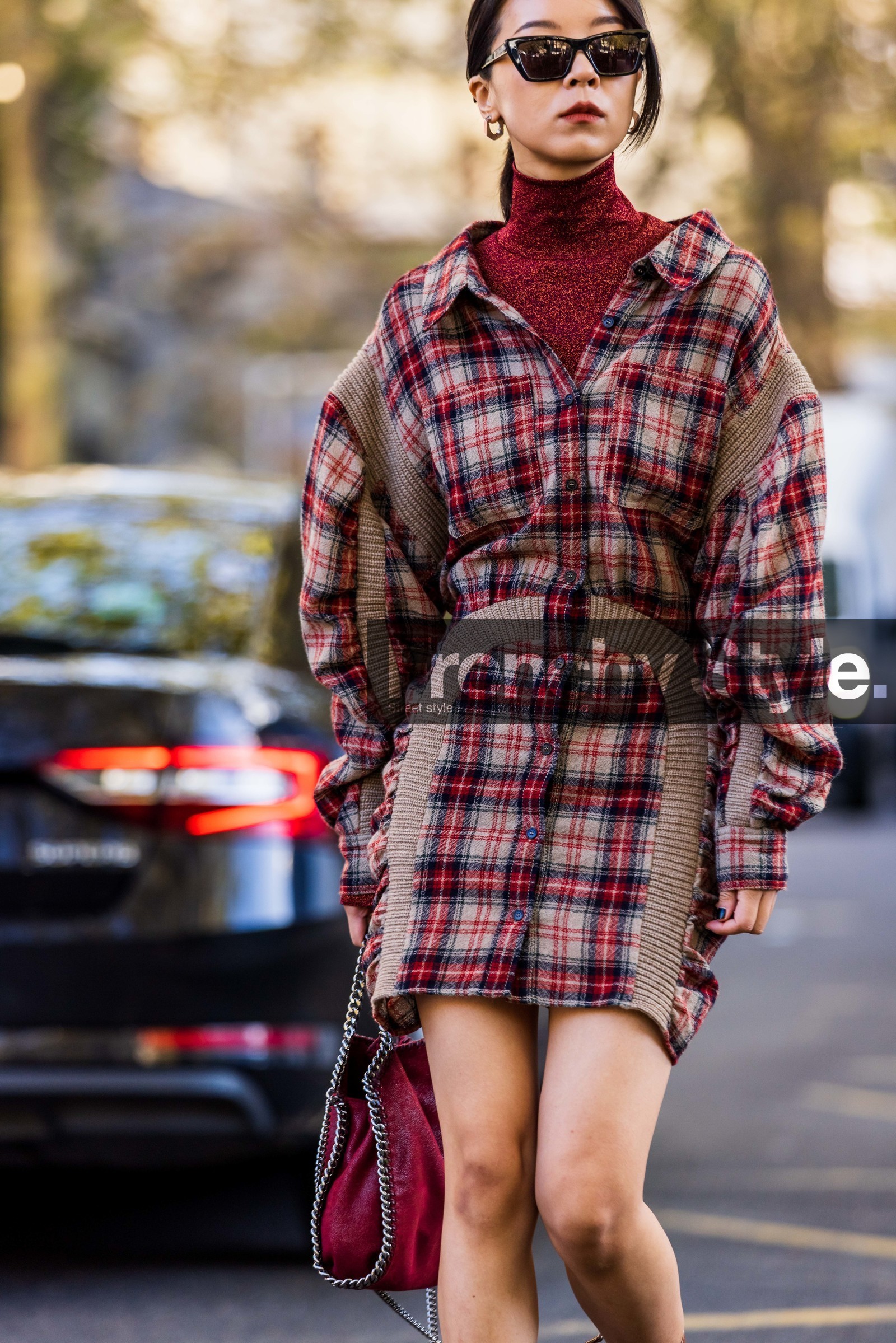 black sunglasses, dress, lurex turtleneck, Meng Mao, printed dress, red bag, red dress, red turtleneck, shirt dress, stella mccartney bag, sunglasses, tartan dress, turtleneck, fashion week, frenchystyle, FW, jonathan paciullo, street style, PFW, PARIS, SPRING SUMMER 2022, SS 22, vertical, atmosphere details