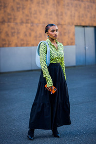 bag, black boots, black skirt, blue bag, boots, bun, coperni, earrings, hairstyle, leather bag, long skirt, print, ruffles, shirt, skirt, yellow fluo shirt, street style, jonathan paciullo, FW, frenchystyle, fashion week, PFW, PARIS, SPRING SUMMER 2022, SS 22, vertical, full length