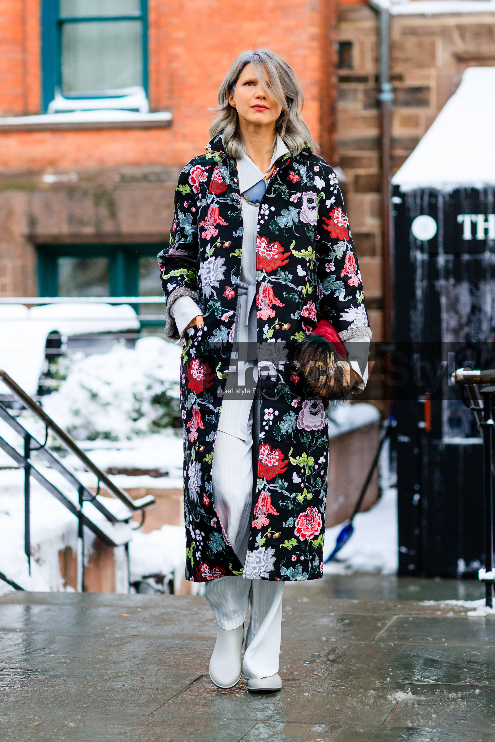 AUTUMN WINTER 2017-2018, AW 17-18, black coat, dyed hair, FALL WINTER 2017-2018, fashion week, floral, flower, frenchystyle, full length, fur bag, FW, FW 17-18, grey hair, jonathan paciullo, leather boots, necklace, NEW YORK, NYFW, printed coat, Samantha Angelo, street style, trousers, vertical, white boots, white pants, white shirt