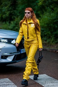 black bag, black boots, color, courreges jacket, courreges look, Courtney Trop, jacket, leather pants, pants, sunglasses, turtleneck, yellow jacket, yellow monochrome, yellow pants, yellow turtleneck, street style, jonathan paciullo, FW, frenchystyle, fashion week, PFW, PARIS, SPRING SUMMER 2022, SS 22, vertical, full length
