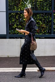 bag, black boots, black shirt, black skirt, boots, brown bag, fendi bag, high boots, leather shirt, logo print, print bag, shirt, skirt, studs, PARIS, PFW, fashion week, frenchystyle, FW, jonathan paciullo, street style, SPRING SUMMER 2022, SS 22, vertical, full length