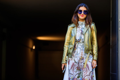 atmosphere details, detail, fashion week, floral, flowers, frenchystyle, FW, golden jacket, graphic dress, horizontal, jonathan paciullo, leather jacket, leather perfecto, MFW, MILAN, printed dress, SPRING SUMMER 2018, SS 18, street style, studs, sunglasses, white dress