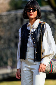 black jacket, brown bag, graphic bag, gucci, leather bag, leather jacket, maria bernad, monogram, printed bag, sunglasses, trousers, white pants, white shirt, MILAN, MFW, fashion week, frenchystyle, FW, jonathan paciullo, street style, AUTUMN WINTER 2019-2020, AW 19-20, FALL WINTER 2019-2020, FW 19-20, vertical, atmosphere details, detail