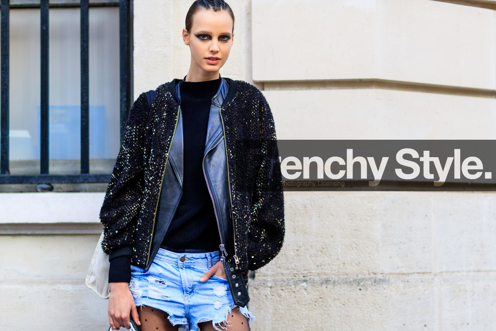 atmosphere details, AUTUMN WINTER 2017-2018, AW 17-18, black jacket, black perfecto, black sweater, blue denim, bomber jacket, braids, denim shorts, detail, FALL WINTER 2017-2018, fashion week, frenchystyle, FW, FW 17-18, horizontal, jonathan paciullo, leather jacket, leather perfecto, model, PARIS, PFW, polka dot, satin stitch, street style, tights