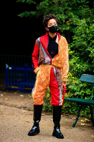 lace jacket, lace pants, yellow jacket, yellow pants, red jacket, red pants, orange pants, orange jacket, black leather boots, flat boots, high boots, zipped jacket, patchwork jacket, patchwork pants, covid face mask, fashion week, frenchystyle, FW, jonathan paciullo, street style, PFW, PARIS, SPRING SUMMER 2021, SS 21, vertical, full length