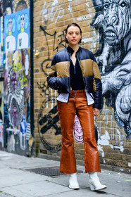 black jacket, black top, body, brown pants, down jacket, fashion week, frenchystyle, full length, FW, georgia pendlebury, graphic bag, graphic jacket, high heels, jonathan paciullo, leather pants, leather shoes, LFW, LONDON, printed jacket, SPRING SUMMER 2017, SS 17, street style, trousers, vertical, white boots, woman