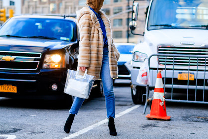 black shoes, blue denim, denim pants, denim shirt, fur jacket, graphic bag, high heels, jeans, leather bag, leather shoes, natural fur, transparent bag, trousers, white bag, street style, jonathan paciullo, FW, frenchystyle, fashion week, NYFW, NEW YORK, AUTUMN WINTER 2018-2019, AW 18-19, FALL WINTER 2018-2019, FW 18-19, atmosphere details, horizontal, detail, lisa aiken