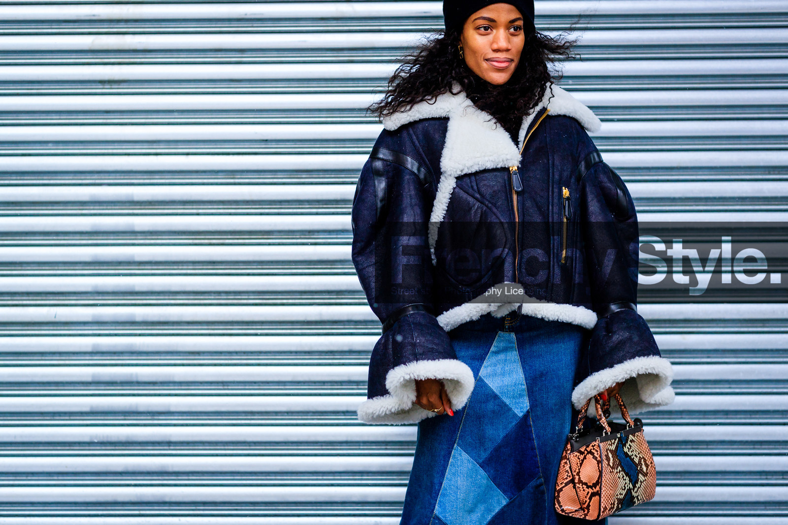 atmosphere details, AUTUMN WINTER 2017-2018, AW 17-18, beige bag, black beanie, black jacket, blue denim, denim skirt, detail, FALL WINTER 2017-2018, fashion week, fendi, frenchystyle, fur collar, FW, FW 17-18, gabby prescod, horizontal, jonathan paciullo, leather bag, leather jacket, NEW YORK, NYFW, patchwork, shearling, snake print, street style, white fur