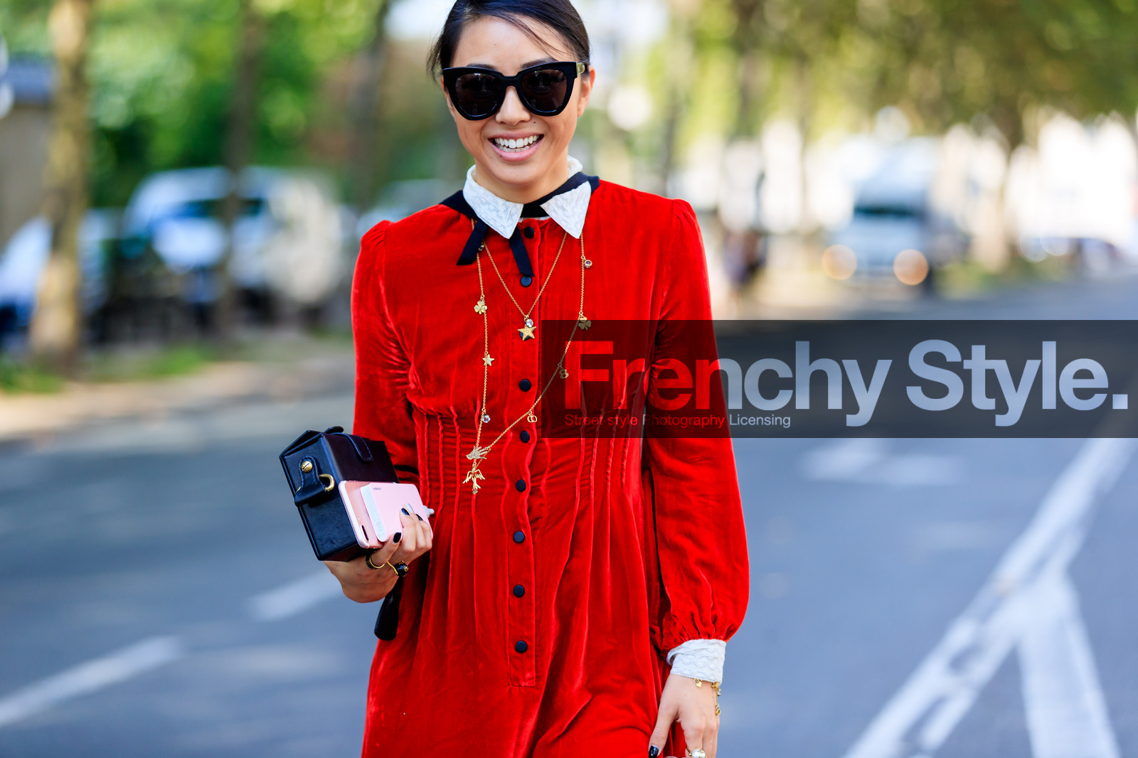atmosphere details, black bag, collar, detail, fashion week, frenchystyle, FW, horizontal, jonathan paciullo, leather bag, necklace, PARIS, PFW, red dress, SPRING SUMMER 2018, SS 18, street style, sunglasses, velvet, yuwei zhangzou, yuyu zhangzou