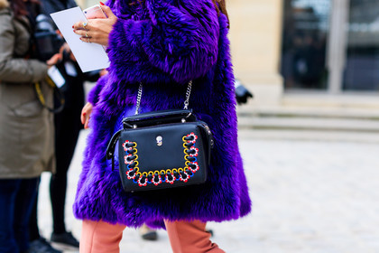 atmosphere details, AUTUMN WINTER 2017-2018, AW 17-18, black bag, christian dior, detail, embroidered bag, FALL WINTER 2017-2018, fashion week, frenchystyle, fur jacket, FW, FW 17-18, giorgia tal, horizontal, jonathan paciullo, leather bag, PARIS, PFW, pink pants, purple fur, purple jacket, street style, trousers