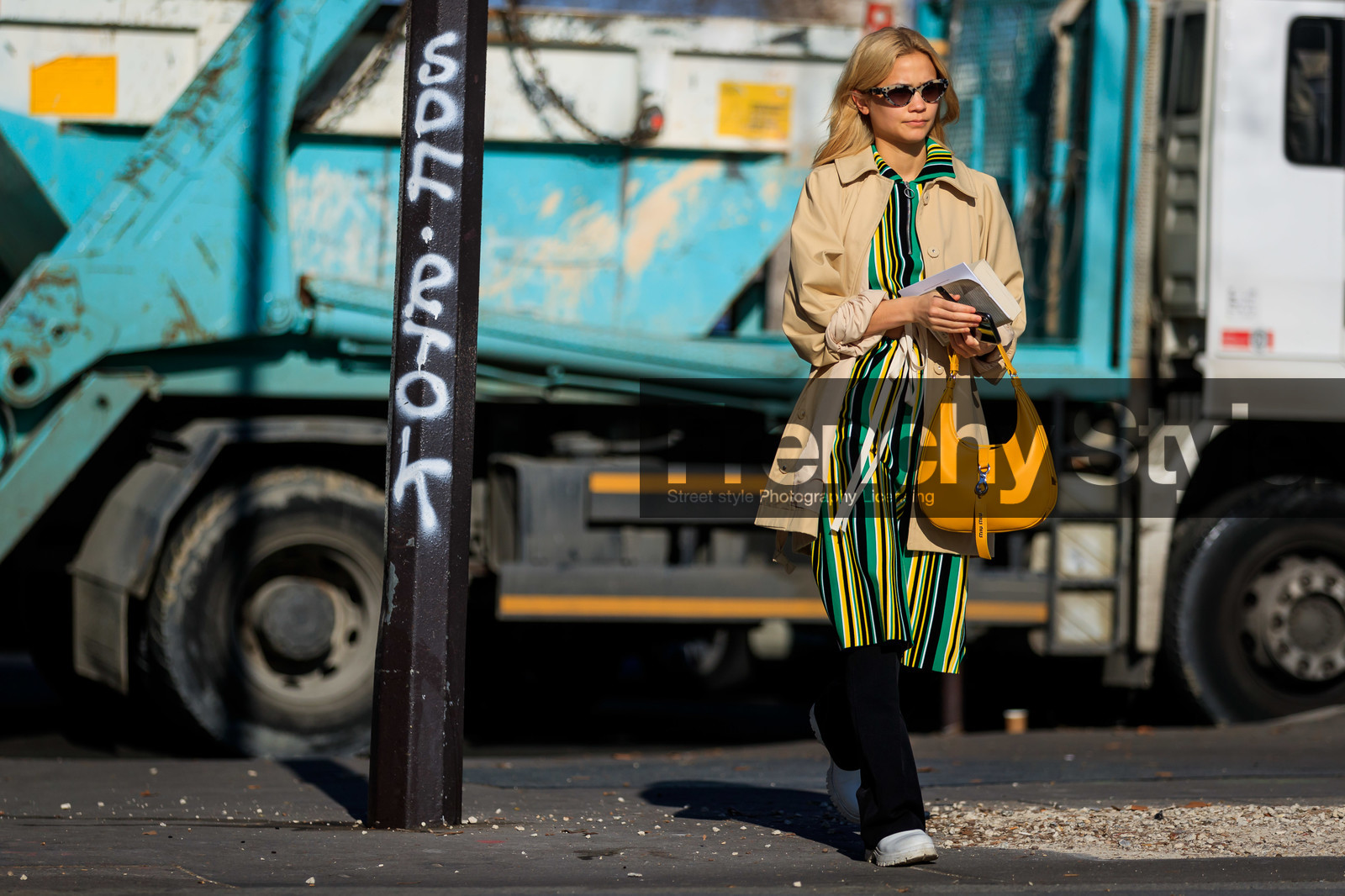 beige coat, black pants, graphic dress, green dress, leather bag, leather shoes, miu miu, printed dress, striped dress, sunglasses, yellow bag, PARIS, PFW, street style, jonathan paciullo, FW, frenchystyle, fashion week, AUTUMN WINTER 2019-2020, AW 19-20, FALL WINTER 2019-2020, FW 19-20, horizontal, atmosphere details, full length