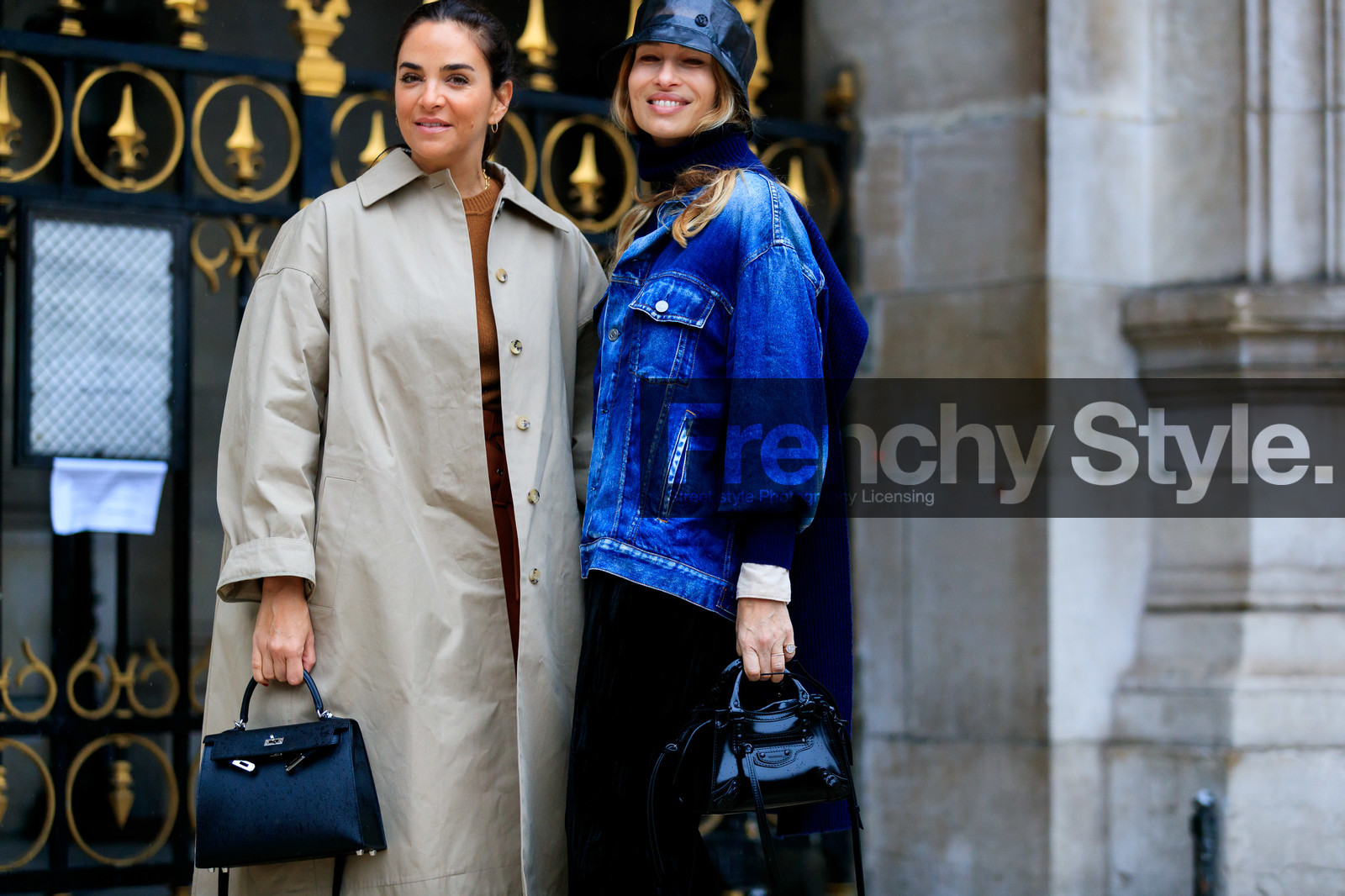 laure heriard dubreuil, alexandra golovanoff, light beige trench coat, camel pullover, camel pants, black leather bag, hand bag, hermes bag, kelly hermes bag, black hat, black pants, black polish bag, mini bag, balenciaga bag, sheer hat, plastic hat, maison michel hat, denim, denim jacket, blue jacket, blue pullover, knit jacket, asymetrical jacket, velvet pants, stella mccartney jacket, fashion week, frenchystyle, FW, jonathan paciullo, street style, PFW, PARIS, horizontal, atmosphere details, detail