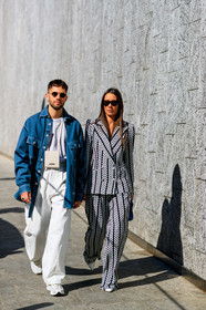 alice & j.s, black and white, blazer, blue bag, blue jacket, denim pants, graphic jacket, graphic pants, graphic suit, jacquemus, jeans, leather bag, leather shoes, printed jacket, printed pants, printed suit, sunglasses, trousers, velvet, white bag, white denim, white shoes, white sneakers, white t shirt, MILAN, MFW, fashion week, frenchystyle, FW, jonathan paciullo, street style, AUTUMN WINTER 2019-2020, AW 19-20, FALL WINTER 2019-2020, FW 19-20, vertical, full length
