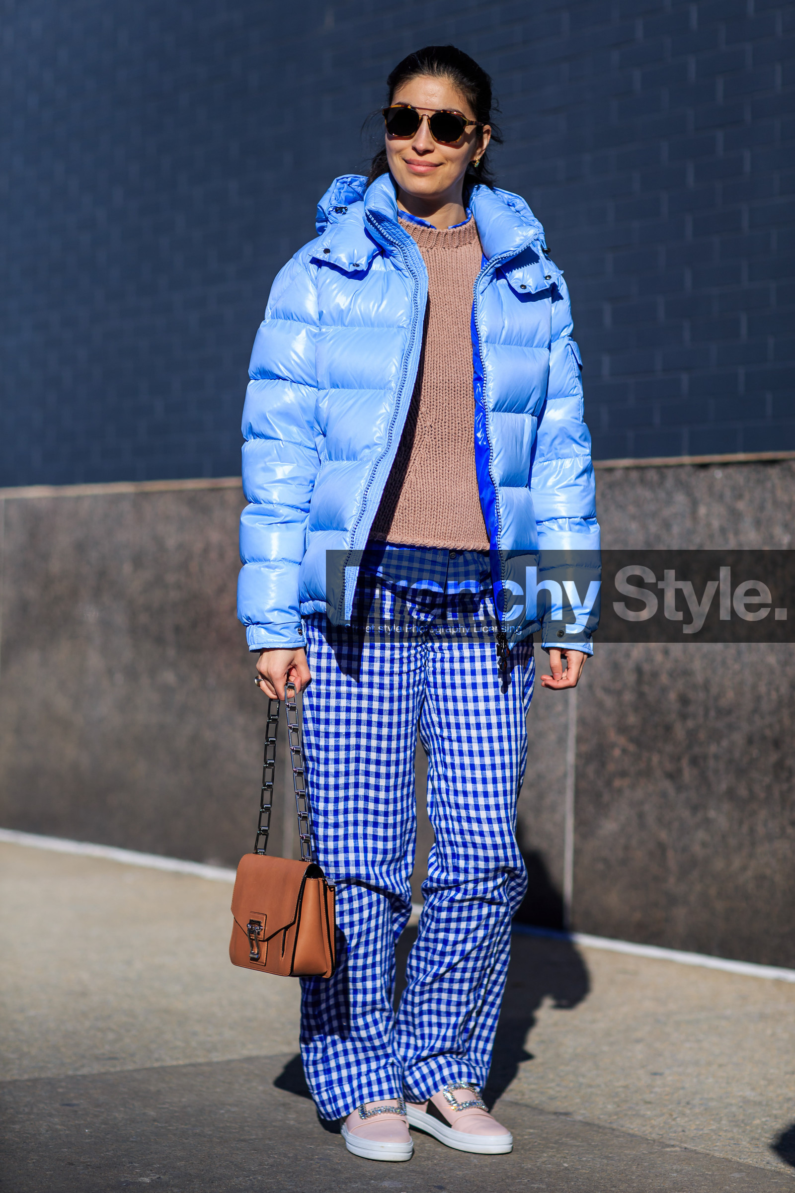AUTUMN WINTER 2016-2017, AW 16-17, beige knit, blue jacket, blue pants, blue shirt, brown bag, camel bag, caroline issa, check shirt, checked pants, down jacket, embroidered slippers, fashion week, frenchystyle, full length, FW, FW 16-17, jonathan paciullo, leather bag, leather slippers, NEW YORK, NYFW, pink slippers, plaid, street style, sunglasses, vertical, woman